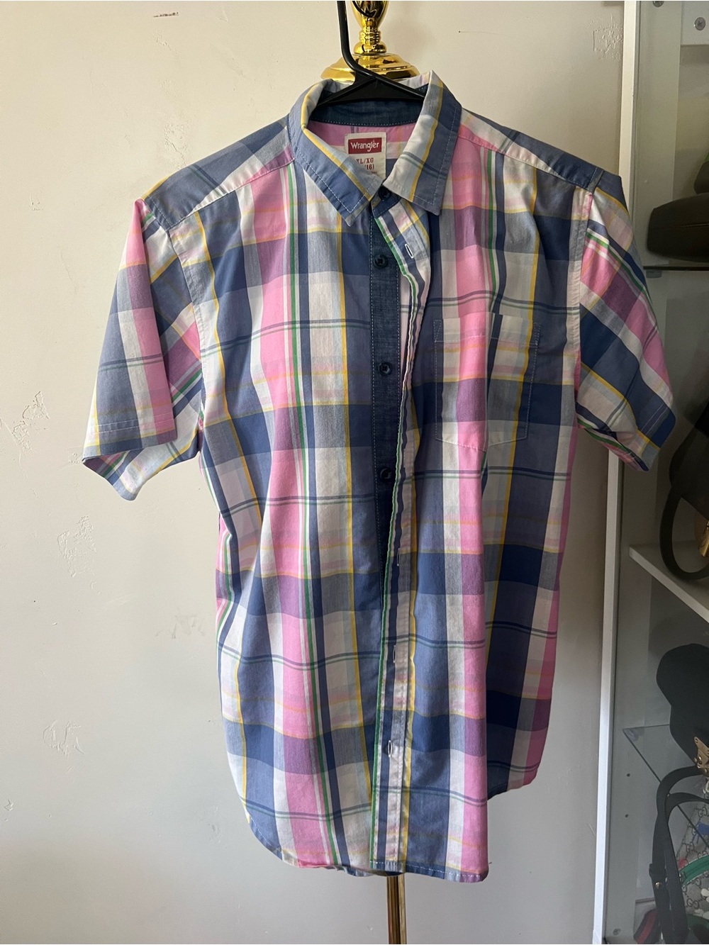 Wrangler Short-Sleeve Plaid Button-Down Shirt - Blue, Pink & Yellow